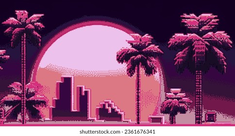 Retrofuturistic synthwave pixel art illustration of a big moon above the horizon and palm trees.