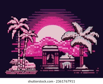 Retrofuturistic synthwave pixel art illustration of a big moon above the horizon and palm trees.