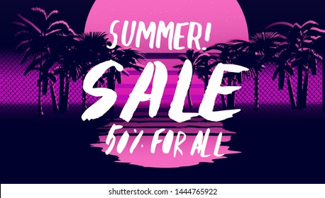 Retrofuturistic trendy poster with palm leaves and handdrawn text "Summer Sale". Vaporwave/ synthwave/ retrowave 80s-90s style.