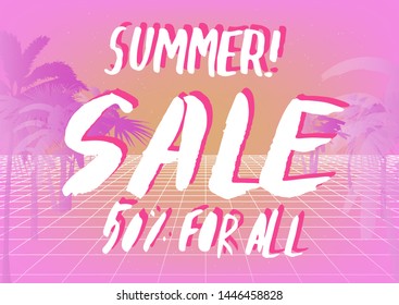 Retrofuturistic trendy poster with palm leaves and handdrawn text "Summer Sale". Vaporwave/ synthwave/ retrowave 80s-90s style.