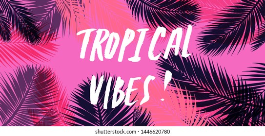 Retrofuturistic trendy poster with palm leaves and handdrawn text "tropical vibes". Vaporwave/ synthwave/ retrowave 80s-90s style.