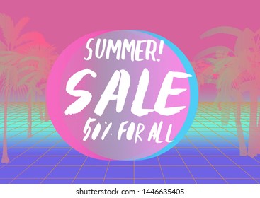 Retrofuturistic trendy poster with palm leaves and handdrawn text "Summer Sale". Vaporwave/ synthwave/ retrowave 80s-90s style.