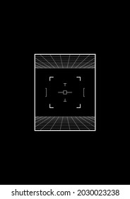 Retrofuturistic t-shirt and apparel design with perspective grids and retrofuturistic space aim. Illustration of The 1980s aesthetics. Black and white print. Vector illustration.