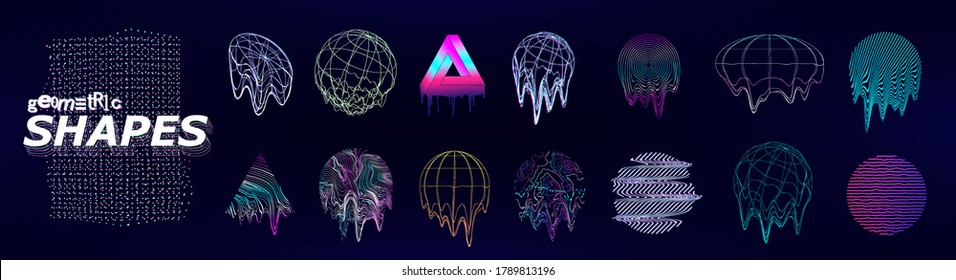 Formas modernas universais retrofuturistas com efeitos de falhas e defeitos. Elementos cyberpunk da moda. Formas líquidas abstratas Vaporwave para folhetos, cartazes, capas, camiseta, produtos. Vector memphis