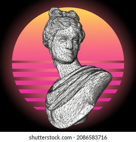 Retrofuturistic vaporwave style 3D illustration of a low poly Apollo Belvedere bust. Sci-fi retro aesthetics.