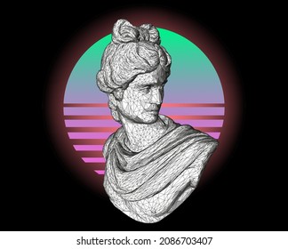 Retrofuturistic vaporwave style 3D illustration of a low poly Apollo Belvedere bust. Sci-fi retro aesthetics.