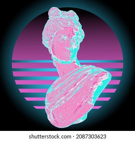 Retrofuturistic vaporwave style 3D illustration of a low poly Apollo Belvedere bust. Sci-fi retro aesthetics.