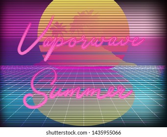Retrofuturistic vaporwave/ synthwave/ retrowave style background with laser holographic grid and neon sign "Summer". Cyberlandscape like in retro arcade games of 80s-90s.