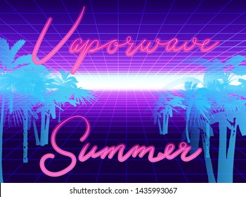 Retrofuturistic vaporwave/ synthwave/ retrowave style background with laser holographic grid and neon sign "Summer". Cyberlandscape like in retro arcade games of 80s-90s.