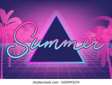 Retrofuturistic vaporwave/ synthwave/ retrowave style background with laser holographic grid and neon sign "Summer". Cyberlandscape like in retro arcade games of 80s-90s.