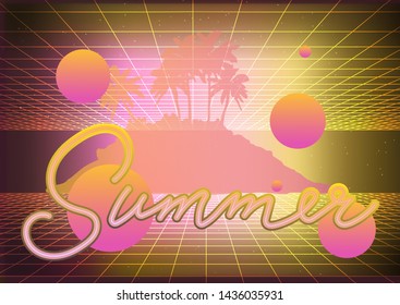 Retrofuturistic vaporwave/ synthwave/ retrowave style background with laser holographic grid and neon sign "Summer". Cyberlandscape like in retro arcade games of 80s-90s.