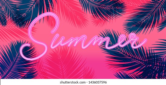 Retrofuturistic vaporwave/ synthwave/ retrowave style background with neon sign "Summer" and palm leaves around it. Summer party cover, poster, banner.