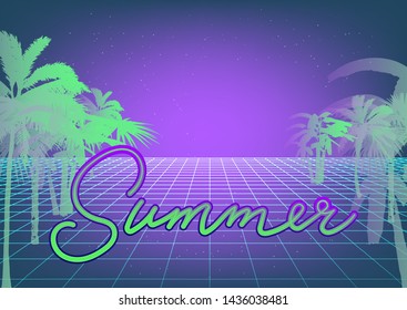 Retrofuturistic vaporwave/ synthwave/ retrowave style background with laser holographic grid and neon sign "Summer". Cyberlandscape like in retro arcade games of 80s-90s.