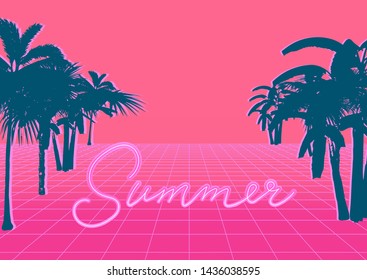 Retrofuturistic vaporwave/ synthwave/ retrowave style background with laser holographic grid and neon sign "Summer". Cyberlandscape like in retro arcade games of 80s-90s.