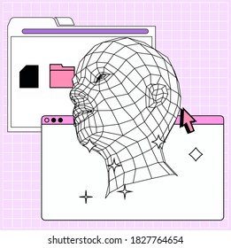 Retrofuturistic vector collage of user interface elements and 3D head in cartoon anime or manga style. Vaporwave and synthwave aesthetics of 80's - 90's.