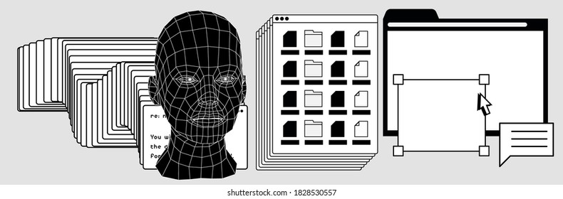 Retrofuturistic vector collage of user interface elements and 3D head in cartoon simple style. Vaporwave and cyberpunk aesthetics of 80's - 90's.