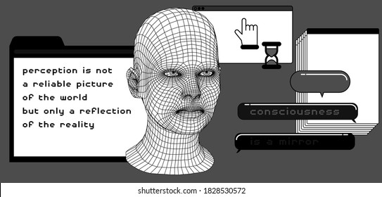 Retrofuturistic vector collage of user interface elements and 3D head in cartoon simple style. Vaporwave and cyberpunk aesthetics of 80's - 90's.