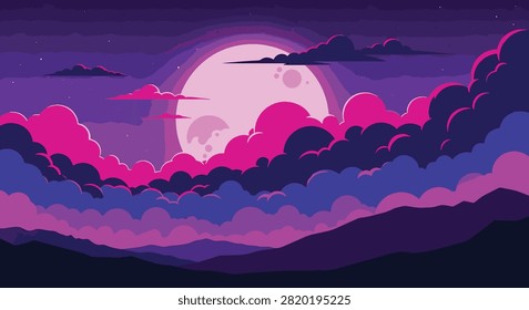 Retro-futuristic vector illustration featuring a massive glowing full moon positioned behind stylized pink and magenta clouds in a dark purple starry night sky over silhouetted mountains.