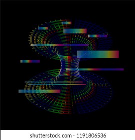 Retrofuturistic VHS/VCR style illustration of space-time hole, tunnel portal. Synthwave / vaporwave aesthetics.