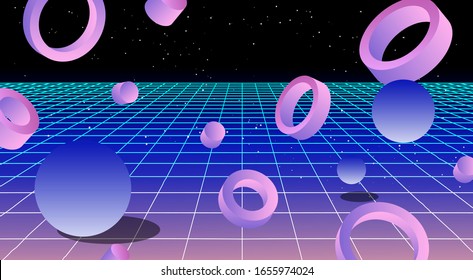 Retrofuturistic Virtual Reality Landscape With Perspective Laser Grid And Floating In Zero Gravity Neon Shapes. 