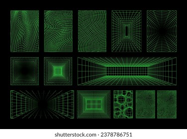 Retrofuturistic volumetric futuristic space graphic set. Grid futuristic geometric wireframe. 3D dot perspective, cyberspace, psychedelic background. Y2k, vaporwave, 80s, 90s, 2k. Vector wireframe 