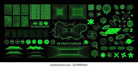 Retrofuturistic wave, Y2k shapes, Curved space, trippy bold elements. Universal elements surreal and retro futurism. Cyberpunk and abstract wireframe forms, y2k set. 3D spaces and grids. Vector set