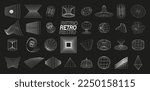 Retrofuturistic, wireframe line elements vector set. Perspective grids in cyberpunk style. Polar grid, portals circle. Abstract geometry,  blackhole, bipyramide sign. Gravity tunnel in line style.