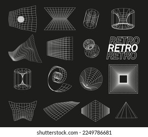 Retrofuturistic, wireframe line elements vector set. Perspective grids in cyberpunk style. Polar grid, portals circle. Abstract geometry,  blackhole, bipyramide sign. Gravity tunnel in line style.