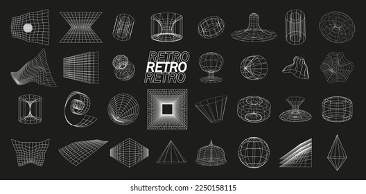 Conjunto de vectores de elementos de línea retrofuturistas y de trama. Matrices de perspectiva al estilo del ciberpunk. Cuadrícula polar, los portales dan vueltas. Geometría abstracta, agujero negro, signo de bipiramida. Túnel de gravedad en estilo de línea.