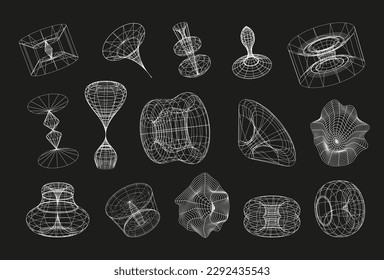 Retrofuturistic, wireframe line elements vector set. Polar grid, portals circle. Abstract geometry,  blackhole, bipyramide sign. Gravity tunnel in line style. Perspective grids in cyberpunk style. 
