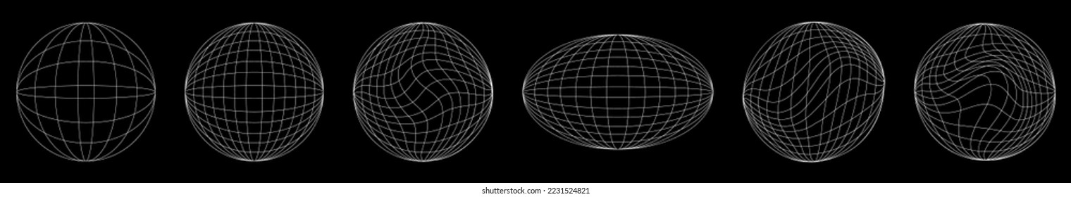Retrofuturistic wireframe planets. Planet in cyberpunk 80s style. Vector illustration isolated on black background