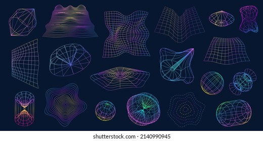 Retrofuturistic wireframe shapes, 3d sphere and distorted perspective grids. Line mesh geometric objects. Cyber futuristic shape vector set. Structure motion, surface flow or deformation