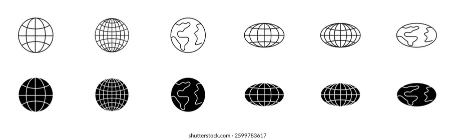 Retro-Futuristic World Globe: Linear Striped Spheres with Latitude and Longitude Grid, Black and White Vector Design