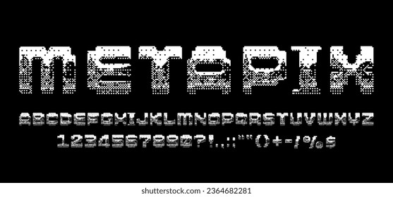 Retro-futuristic Y2K and 90s style font. Vector isolated pixelated English letters and numbers with metallic chrome effect. Perfect for vintage tech, sci-fi and modern designs