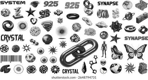 Retrofuturistic, y2k elements, 3d shapes, acid psychodelik with glitch and liquid effect. 3D geometric shapes, Vaporwave and synthwave elements from 90s, 80s.
