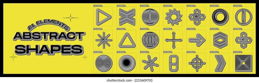 Retrofuturistic y2k geometry design elements collection. Big collection of abstract graphic geometric objects. Frames inspired brutalism. Cyber neo futuristic. Vector illustration
