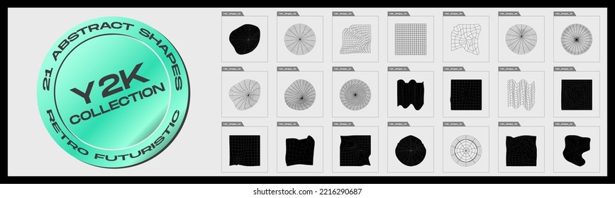 Colección de elementos de diseño de geometría y2k retrofuturistas. Gran colección de objetos geométricos gráficos abstractos. Objetos con estilo y2k. Colección de iconos. Ilustración del vector
