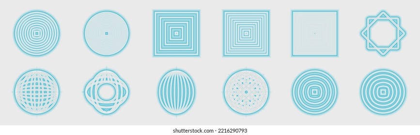 Retrofuturistische Sammlung von geometrischen Elementen aus y2k. Trendy geometrische Designelemente. Abstraktes Bauhaus und boho kosmischer Stil. Modernes Vektorset für Grafikelemente. Vektorgrafik