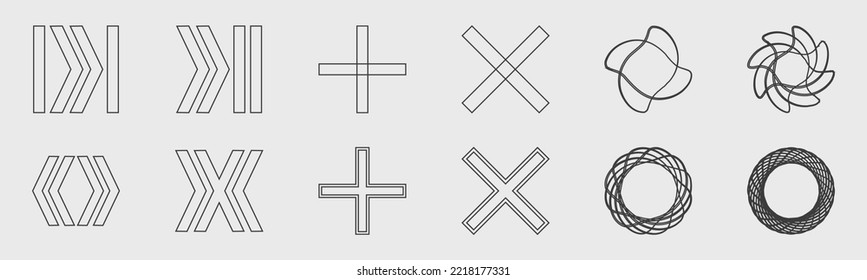 Retrofuturistische Sammlung von geometrischen Elementen aus y2k. Minimalistische geometrische Elemente. Ornamente für die Dekoration. Minimalistische lineare Form. Vektorgrafik
