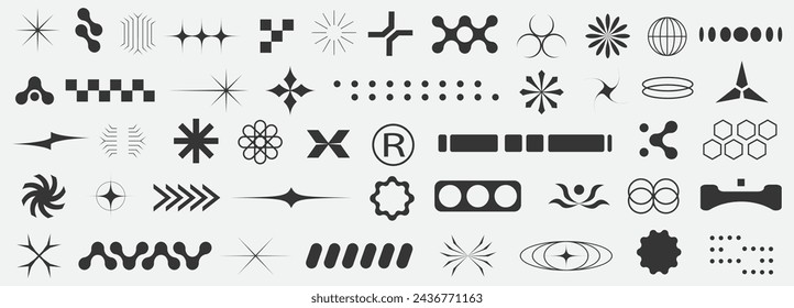 Retrofuturistic y2k geometry design elements collection, collection of abstract graphic geometric symbols and objects, Templates for notes, posters, banners, stickers, business cards, logo.