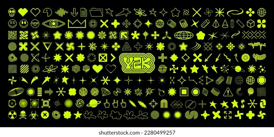 Retrofuturistic y2k graphic elements, icons, shapes, rave and techno acid style elements. Geometric trippy shapes, vaporwave 00s, 90s, 80s. Lots of acid y2k graphic design for typography. Vector set