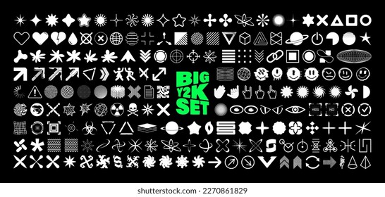 Retrofuturistic Y2K graphic icons, acid shapes, rave elements. Geometric shapes trippy vibe shapes, vaporwave 00s,90s,80s.  Lots of elements y2k for graphic design, poster, merch, flyers. Vector set