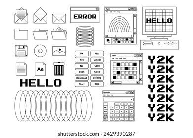 Retrofuturista Y2k interfaz pegatinas elemento con inscripciones. Letras de arte, iconos de diseño gráfico para merch, ropa, streetwear. Negro, colores blancos. Ilustración vectorial.