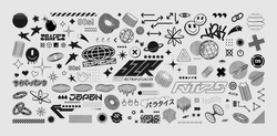 Retrofuturistic, y2k, rave trip elements set. Acid geometric shapes in y2k style. Psychodelik, vaporwave 80s, 90s elements. Y2k symbols Translation of Japanese inscriptions - cyberpunk, paradise
