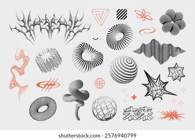Retrofuturistic y2k trendy set, 3D geometric shapes in pixel style. Vaporwave elements from 80s-90s. Glitch retrofuturistic, old pc shapes. Vector Y2K. Translation of Japanese inscriptions - future