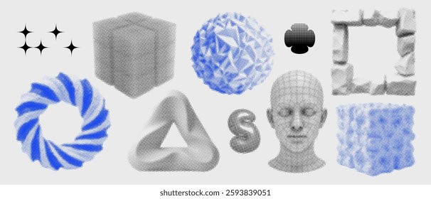 Retrofuturistic y2k trendy set, 3D geometric shapes in dotted halftone style - distorted ring, sphere, triangle. Vaporwave elements from 80s-90s. Vector Y2K design