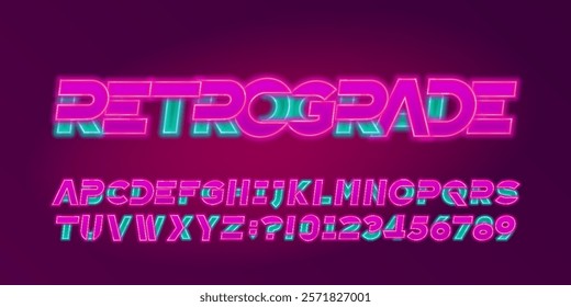 Retrograde alphabet font. Two color neon letters and numbers. Stock vector typescript for your design.