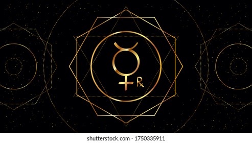 Retrograde Mercury astrological sign of the planet. Astrological sign of golden color on a black background with geometric ornament.