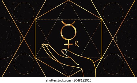 Retrograde Mercury planet icon in the palm. Astrological sign on a black background with geometric ornament of golden color.