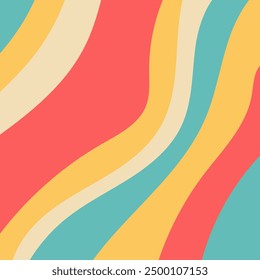 Retro-inspired abstract background with colorful wavy stripes in teal, coral, yellow, and beige. Perfect for vintage-style designs, wallpapers, and artistic projects